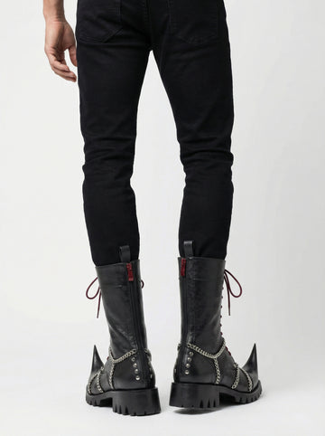 Mens Black Leather Jacket & Gothic Leather Boots | Witch Toe Chain Combat Boots | Punk Biker Cyberpunk Medieval Outfit