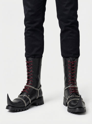Mens Black Leather Jacket & Gothic Leather Boots | Witch Toe Chain Combat Boots | Punk Biker Cyberpunk Medieval Outfit
