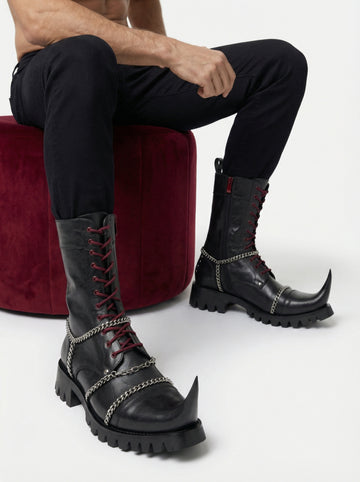 Mens Black Leather Jacket & Gothic Leather Boots | Witch Toe Chain Combat Boots | Punk Biker Cyberpunk Medieval Outfit