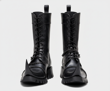 Handmade Men's Black Leather Long Coat | Gothic Leather Trench Coat | Long Black Leather Coat | Medieval Fantasy Combat Boots | Witch Toe Gothic Boots