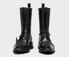 Handmade Men's Black Leather Long Coat | Gothic Leather Trench Coat | Long Black Leather Coat | Medieval Fantasy Combat Boots | Witch Toe Gothic Boots
