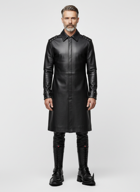 Handmade Men's Black Leather Long Coat | Gothic Leather Trench Coat | Long Black Leather Coat | Medieval Fantasy Combat Boots | Witch Toe Gothic Boots