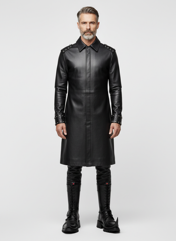 Handmade Men's Black Leather Long Coat | Gothic Leather Trench Coat | Long Black Leather Coat | Medieval Fantasy Combat Boots | Witch Toe Gothic Boots