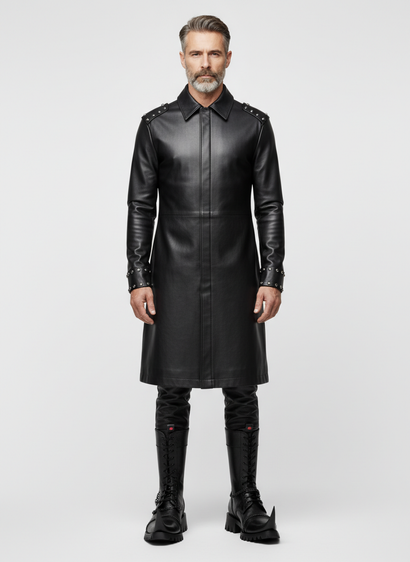 Handmade Men's Black Leather Long Coat | Gothic Leather Trench Coat | Long Black Leather Coat | Medieval Fantasy Combat Boots | Witch Toe Gothic Boots