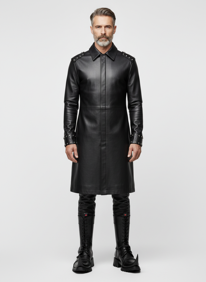 Handmade Men's Black Leather Long Coat | Gothic Leather Trench Coat | Long Black Leather Coat | Medieval Fantasy Combat Boots | Witch Toe Gothic Boots