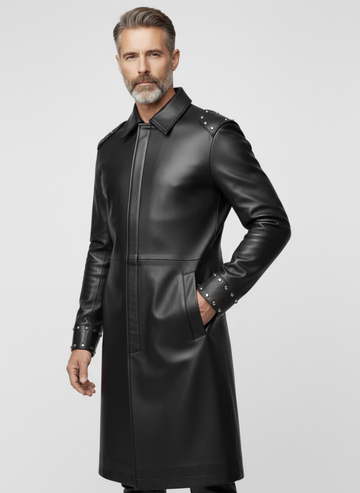 Handmade Men's Black Leather Long Coat | Gothic Leather Trench Coat | Long Black Leather Coat | Medieval Fantasy Combat Boots | Witch Toe Gothic Boots