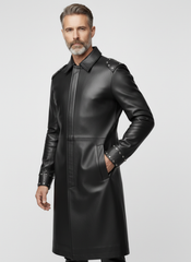 Handmade Men's Black Leather Long Coat | Gothic Leather Trench Coat | Long Black Leather Coat | Medieval Fantasy Combat Boots | Witch Toe Gothic Boots
