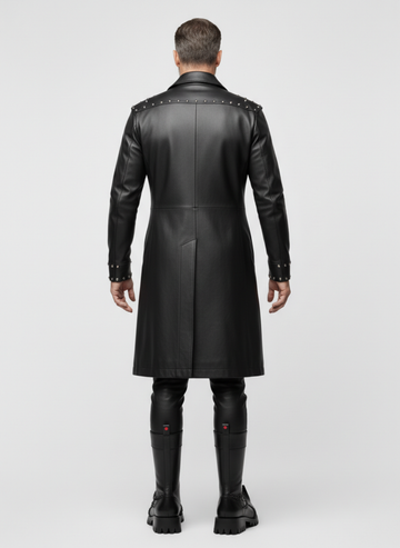 Handmade Men's Black Leather Long Coat | Gothic Leather Trench Coat | Long Black Leather Coat | Medieval Fantasy Combat Boots | Witch Toe Gothic Boots
