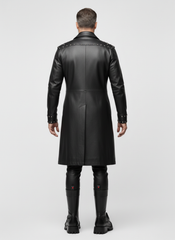 Handmade Men's Black Leather Long Coat | Gothic Leather Trench Coat | Long Black Leather Coat | Medieval Fantasy Combat Boots | Witch Toe Gothic Boots
