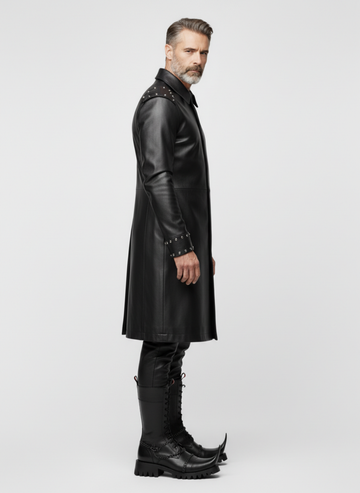 Handmade Men's Black Leather Long Coat | Gothic Leather Trench Coat | Long Black Leather Coat | Medieval Fantasy Combat Boots | Witch Toe Gothic Boots