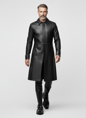 Handmade Men's Black Leather Long Coat | Gothic Leather Trench Coat | Long Black Leather Coat | Medieval Fantasy Combat Boots | Witch Toe Gothic Boots