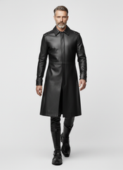 Handmade Men's Black Leather Long Coat | Gothic Leather Trench Coat | Long Black Leather Coat | Medieval Fantasy Combat Boots | Witch Toe Gothic Boots