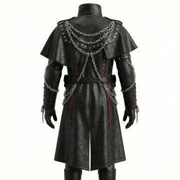 front View of Men’s Black Gothic Leather Long Coat Outfit | leather trench coat | Red Lace Up with Chains leather coat - Rizwards Leather