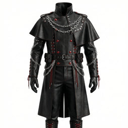front View of Men’s Black Gothic Leather Long Coat Outfit | leather trench coat | Red Lace Up with Chains leather coat - Rizwards Leather