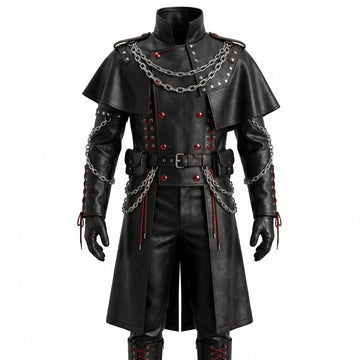 front View of Men’s Black Gothic Leather Long Coat Outfit | leather trench coat | Red Lace Up with Chains leather coat - Rizwards Leather