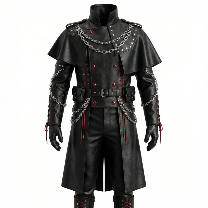 front View of Men’s Black Gothic Leather Long Coat Outfit | leather trench coat | Red Lace Up with Chains leather coat - Rizwards Leather