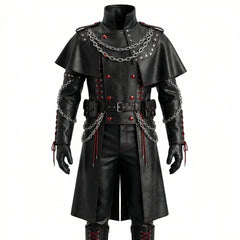 front View of Men’s Black Gothic Leather Long Coat Outfit | leather trench coat | Red Lace Up with Chains leather coat - Rizwards Leather