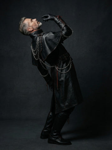 front View of Men’s Black Gothic Leather Long Coat Outfit | leather trench coat | Red Lace Up with Chains leather coat - Rizwards Leather