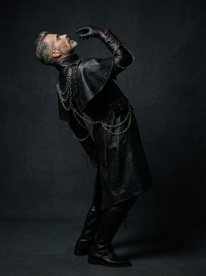 side View of Men’s Black Gothic Leather Long Coat Outfit | leather trench coat | Red Lace Up with Chains leather coat - Rizwards Leather
