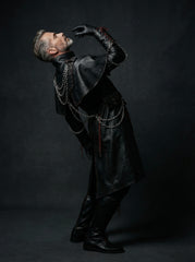 side View of Men’s Black Gothic Leather Long Coat Outfit | leather trench coat | Red Lace Up with Chains leather coat - Rizwards Leather