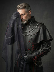 front style View of Men’s Black Gothic Leather Long Coat Outfit | leather trench coat | Red Lace Up with Chains leather coat - Rizwards Leather
