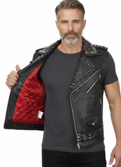 Close-up of mens leather vest with red lining, Spiked Collar detail, cyberpunk vest look, and gothic punk fashion