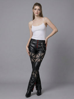 Handmade Women's Leather Pants, Black Gothic Cyberpunk Pants, Mesh Cutout Leather Trousers, Womens Leather Pants, Punk Moto Pants