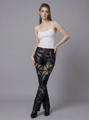 Handmade Women's Leather Pants, Black Gothic Cyberpunk Pants, Mesh Cutout Leather Trousers, Womens Leather Pants, Punk Moto Pants