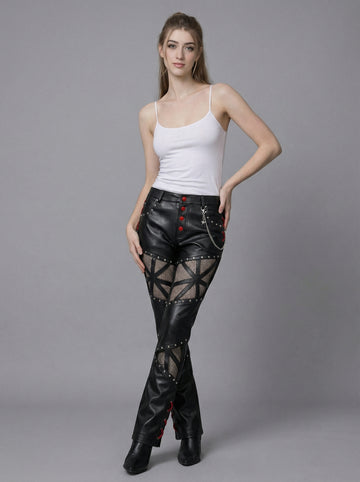 Handmade Women's Leather Pants, Black Gothic Cyberpunk Pants, Mesh Cutout Leather Trousers, Womens Leather Pants, Punk Moto Pants
