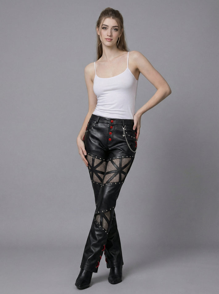 Handmade Women's Leather Pants, Black Gothic Cyberpunk Pants, Mesh Cutout Leather Trousers, Womens Leather Pants, Punk Moto Pants