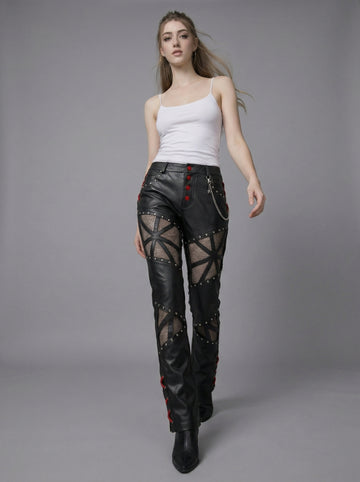 Handmade Women's Leather Pants, Black Gothic Cyberpunk Pants, Mesh Cutout Leather Trousers, Womens Leather Pants, Punk Moto Pants