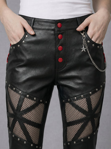 Handmade Women's Leather Pants, Black Gothic Cyberpunk Pants, Mesh Cutout Leather Trousers, Womens Leather Pants, Punk Moto Pants