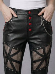 Handmade Women's Leather Pants, Black Gothic Cyberpunk Pants, Mesh Cutout Leather Trousers, Womens Leather Pants, Punk Moto Pants