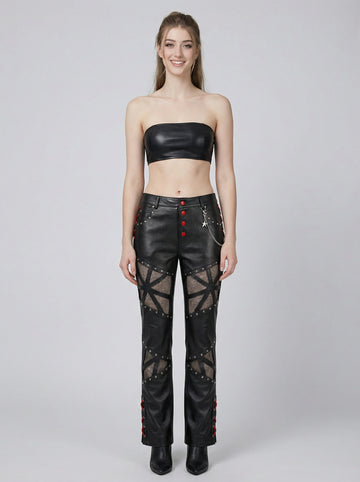 Handmade Women's Leather Pants, Black Gothic Cyberpunk Pants, Mesh Cutout Leather Trousers, Womens Leather Pants, Punk Moto Pants