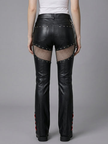 Handmade Women's Leather Pants, Black Gothic Cyberpunk Pants, Mesh Cutout Leather Trousers, Womens Leather Pants, Punk Moto Pants