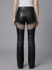 Handmade Women's Leather Pants, Black Gothic Cyberpunk Pants, Mesh Cutout Leather Trousers, Womens Leather Pants, Punk Moto Pants