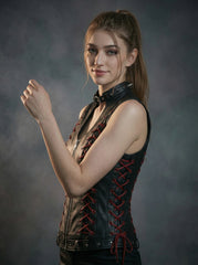 Full body black leather vest outfit for women featuring high neck sleeveless top, fitted gothic waistcoat design, red lace-up sides, and slim black pants