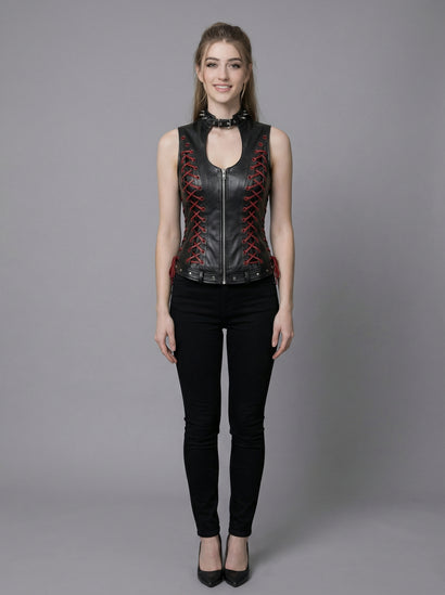 Black gothic leather vest for women with high neck collar, red lace-up side detail, sleeveless fitted corset style, and black pants in stone arch photoshoot