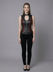 Black gothic leather vest for women with high neck collar, red lace-up side detail, sleeveless fitted corset style, and black pants in stone arch photoshoot