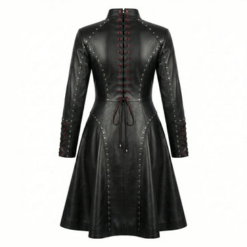 Women’s black leather gothic dress with high neck, long sleeves, fitted waist, and flared skater skirt in twirl pose