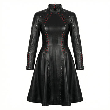 Women’s black leather gothic dress with high neck, long sleeves, fitted waist, and flared skater skirt in twirl pose