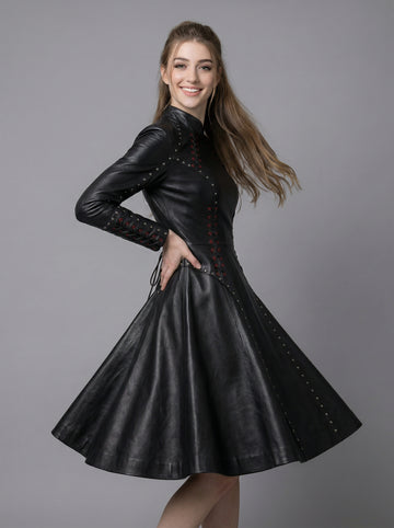 Women’s black leather gothic dress with high neck, long sleeves, fitted waist, and flared skater skirt in twirl pose