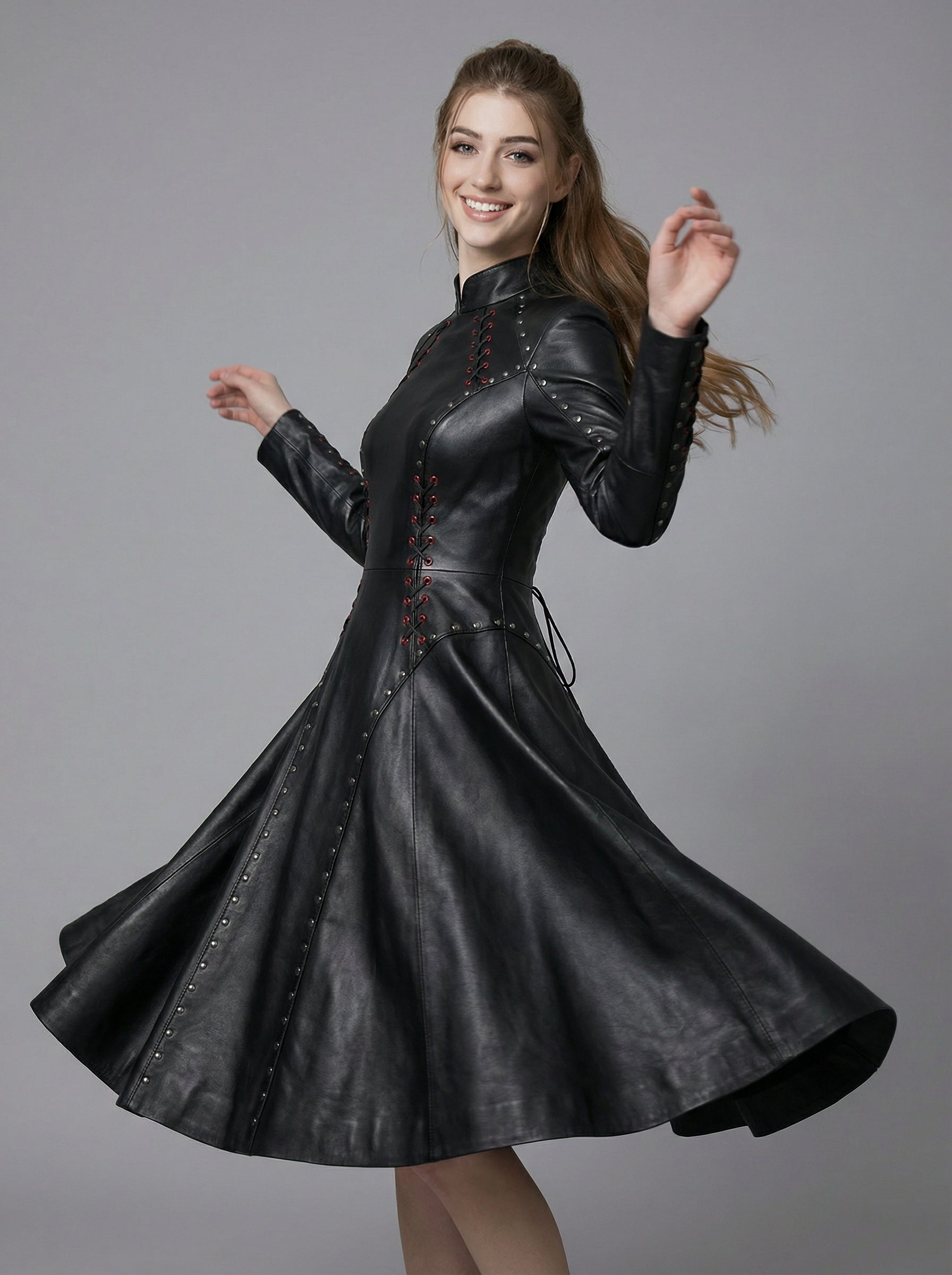 High Neck Black Leather Corset Dress | Gothic Dress with Studs