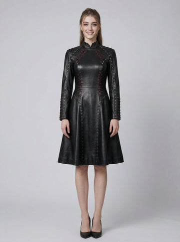Women’s black leather gothic dress with high neck, long sleeves, fitted waist, and flared skater skirt in twirl pose