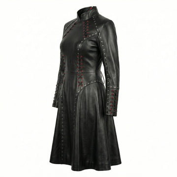 Women’s black leather gothic dress with high neck, long sleeves, fitted waist, and flared skater skirt in twirl pose