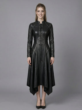 woman wearing black leather gothic maxi dress with lace up corset front