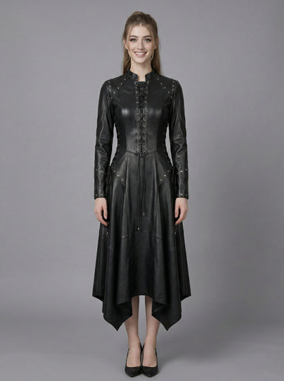 woman wearing black leather gothic maxi dress with lace up corset front