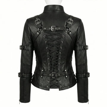 Woman wearing black leather punk corset jacket with harness straps, chain detail, high collar, and gothic fit - Rizwards Leather