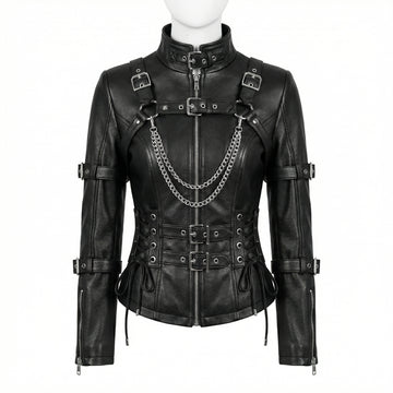 Woman wearing black leather punk corset jacket with harness straps, chain detail, high collar, and gothic fit - Rizwards Leather