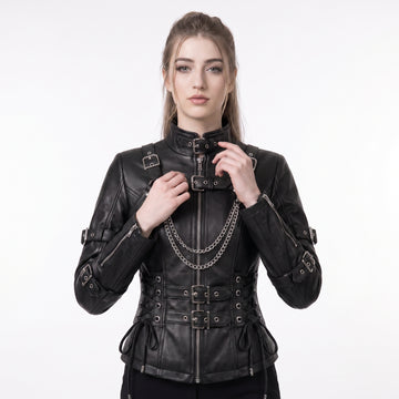 Woman wearing black leather punk corset jacket with harness straps, chain detail, high collar, and gothic fit - Rizwards Leather